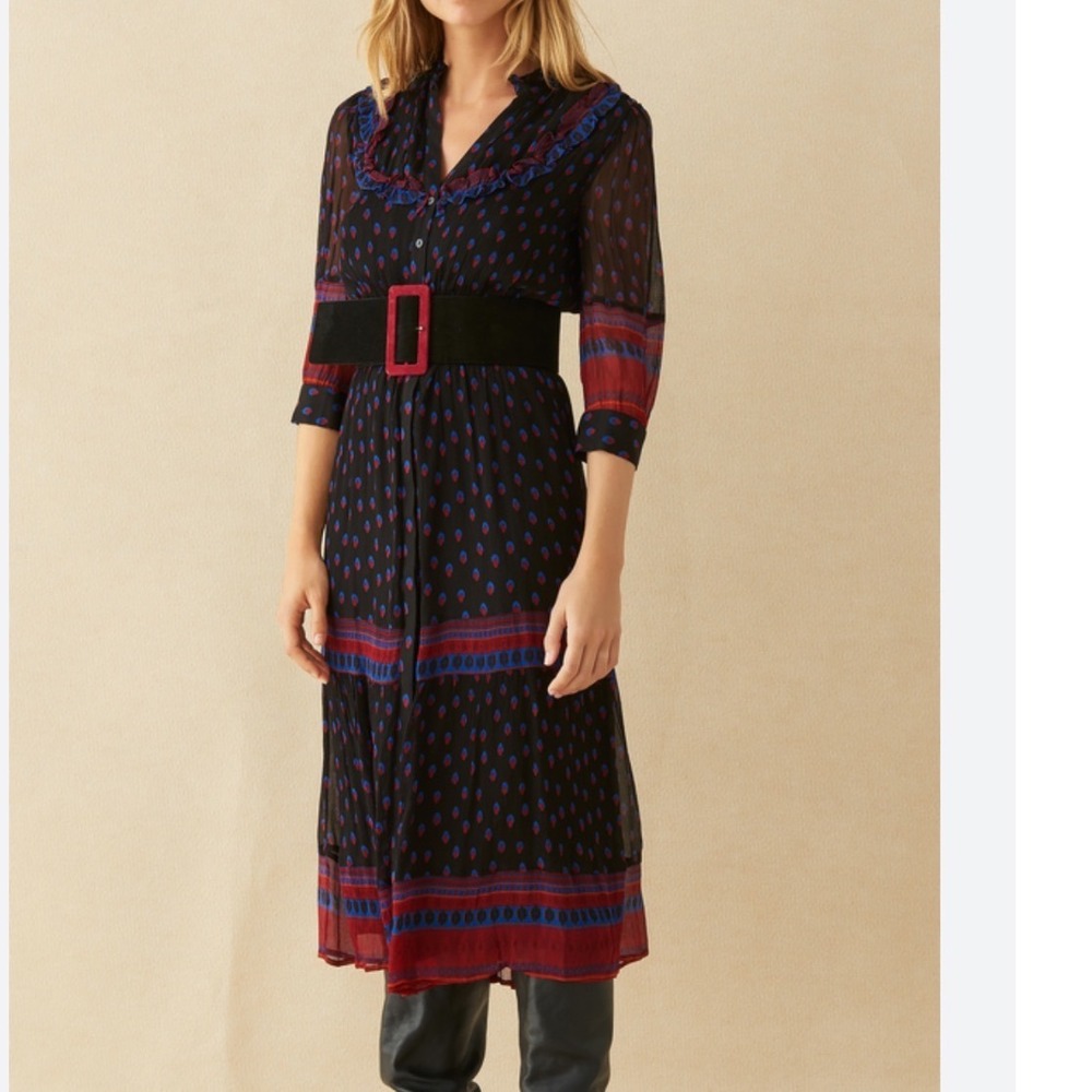 BA&SH Barie Noir Lady Dress Midi Pattern Button down Dress Size 1 Small